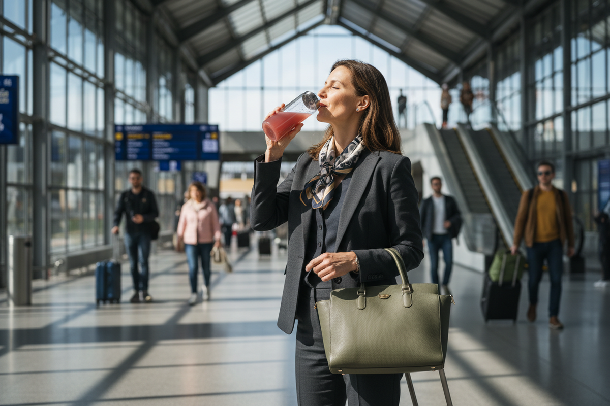 fait la meme chose mais avec cette femme de 40 ans en voyage dans une gare ou autre avec une gourde transparant en train de boire ce meme jus 