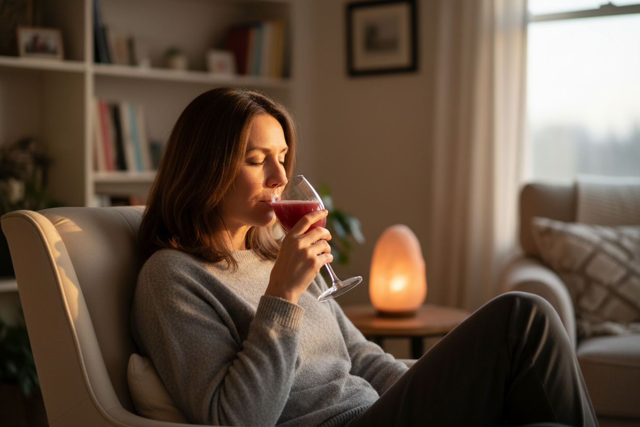uen femme de 40 ans soulager apres uen journe de travail en train de boire une boisson dans verre ransparant avec un liquide rose 